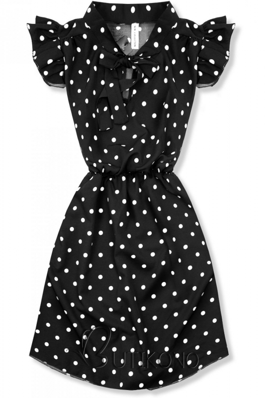 Čierno-biele bodkované šaty s mašľou