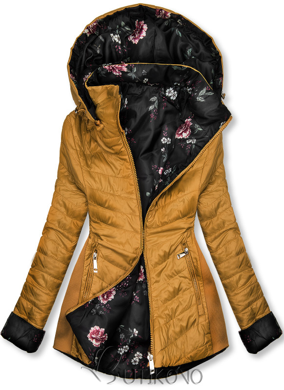 Hnedá obojstranná bunda s kvetinovým futrom