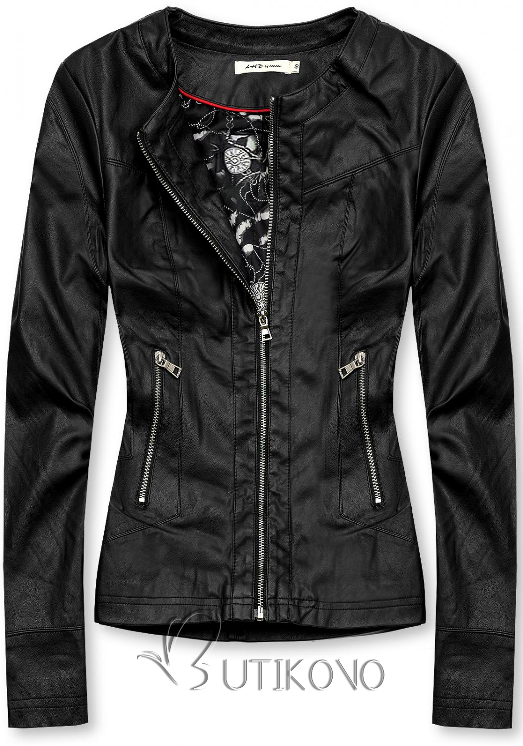 Čierna koženková bunda so vzorovanou podšívkou