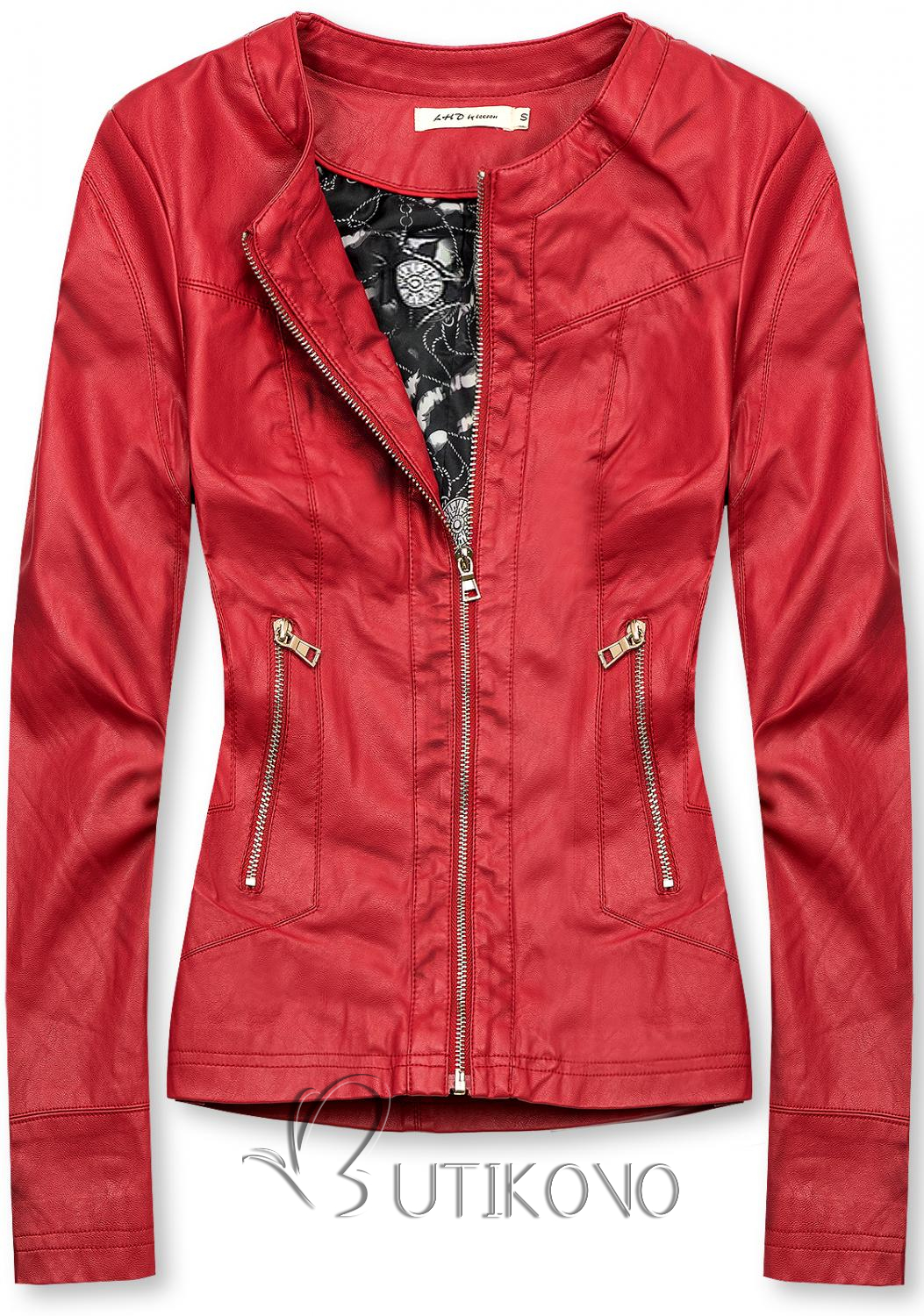 Červená koženková bunda so vzorovanou podšívkou
