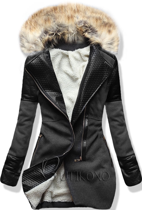 Grafitový zimný kabát s kožúškom