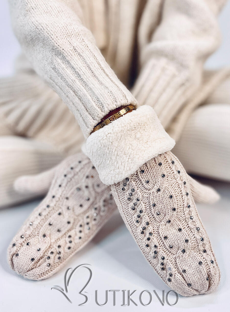 Zdobené dámske rukavice-palčiaky svetlobéžové