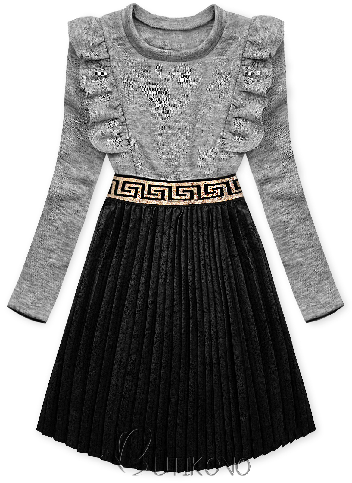 Sivé šaty s koženkovou skladanou sukňou