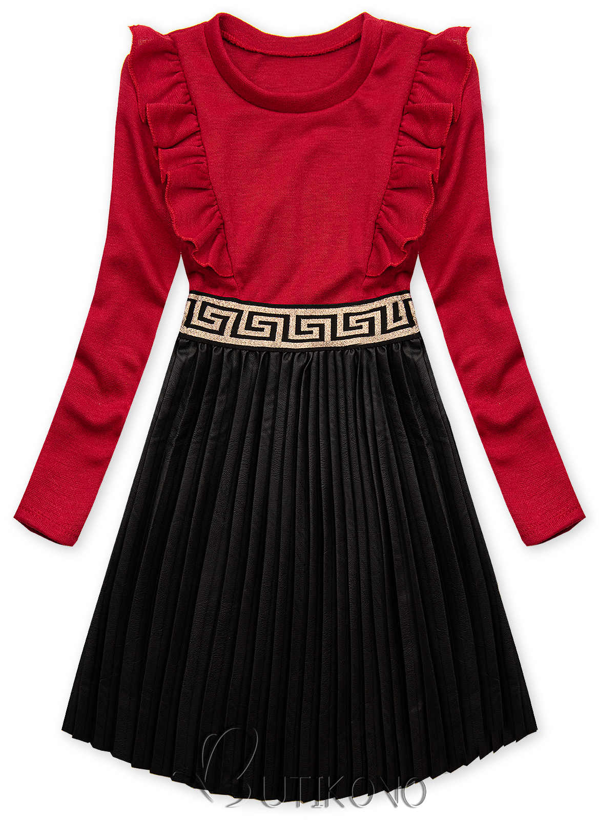 Červené šaty s koženkovou skladanou sukňou