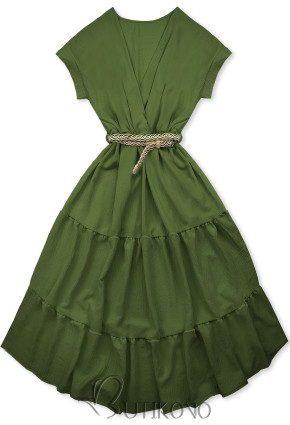 Olivovozelené midi letné šaty s opaskom