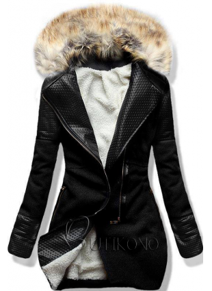 Čierny zimný kabát s kožúškom