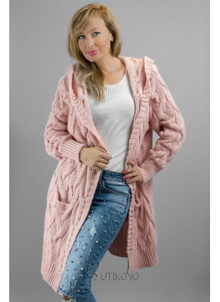 Ružový dlhý sveter s kapucňou