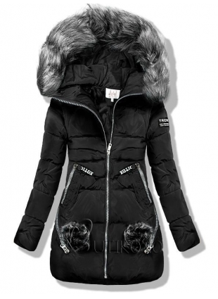Čierna zimná prešívaná bunda s kožušinou