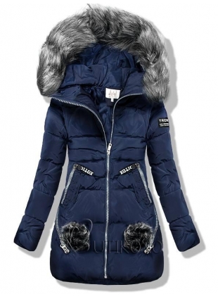 Tmavomodrá zimná prešívaná bunda s kožušinou