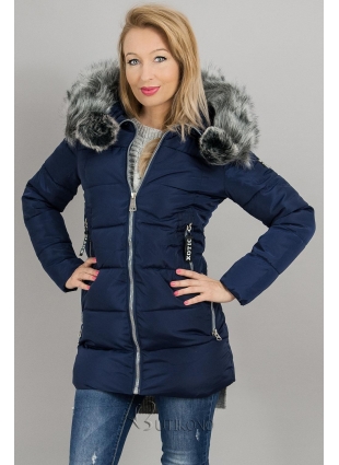 Tmavomodrá zimná prešívaná bunda s kožušinou
