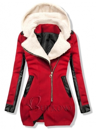 Červený zimný kabát s koženkovými detailami