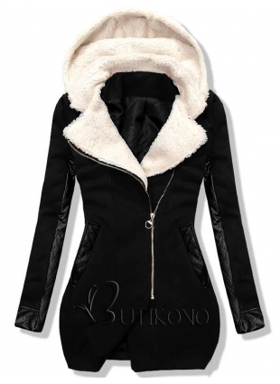 Čierny zimný kabát s koženkovými detailami