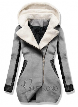 Sivý zimný kabát s koženkovými detailami