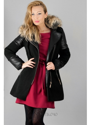 Čierny zimný kabát s kožúškom