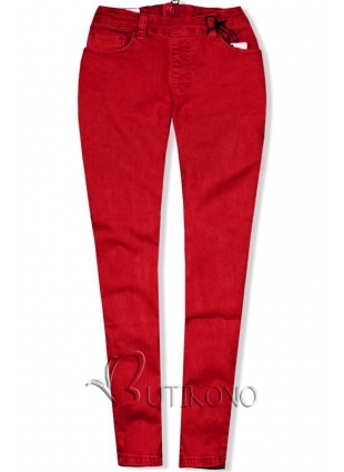 Červené jeans nohavice so zipsom vzadu