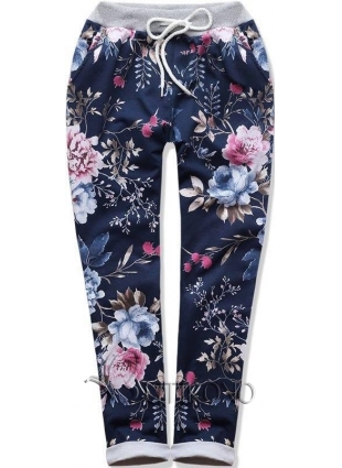 Modro ružové bavlnené kvetinové nohavice