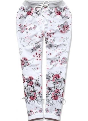 Bielo červené bavlnené kvetinové nohavice