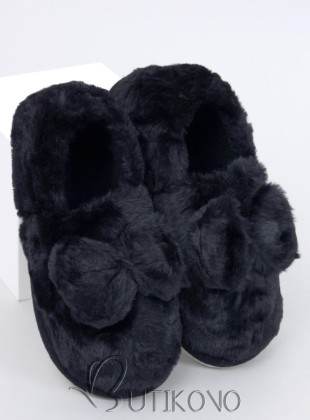 Čierne kožušinové papuče s mašľou