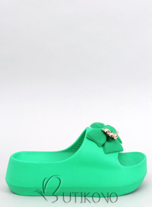 Zelené dámske gumové šľapky s mašľou