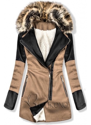 Béžový zimný kabát s kožušinovou podšívkou