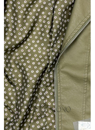 Khaki koženková bunda s kvetinovou podšívkou