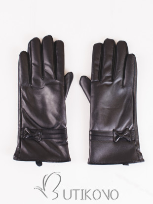 Čierne koženkové rukavice s mašličkami