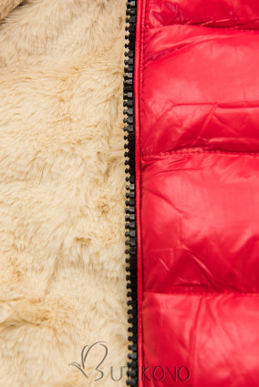 Červená/béžová lesklá bunda s opaskom