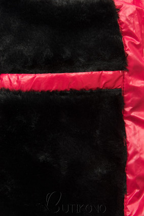 Červená zimná krátka bunda s čiernou kožušinou
