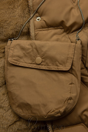 Hnedá zimná prešívaná bunda s kabelkou