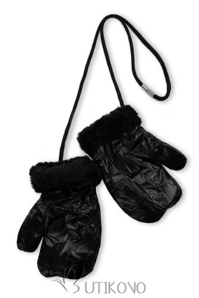 Čierna lesklá zimná bunda s rukavicami