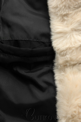 Čierna/krémová prešívaná zimná bunda so sťahovaním v páse