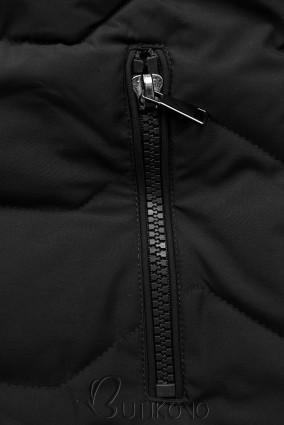 Čierna prešívaná bunda s kapucňou a kožušinou