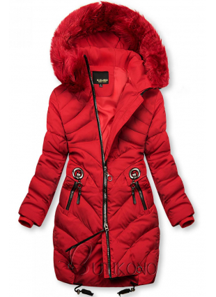 Červená zimná bunda s umelou kožušinou