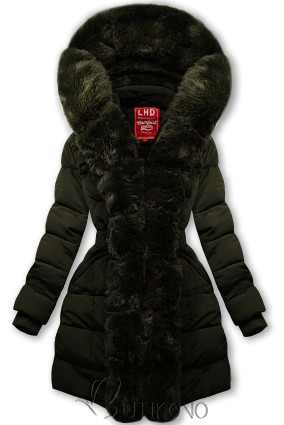 Tmavozelená zimná bunda s opaskom a kožušinou