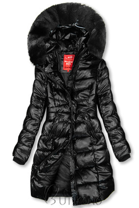 Čierna lesklá zimná bunda s odnímateľnou kožušinou