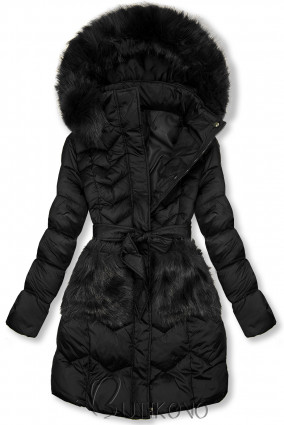 Zimná prešívaná bunda s opaskom čierna