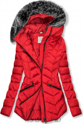 Červená zimná prešívaná bunda s nepravou kožušinou