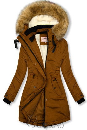Hnedá predĺžená zimná bunda s béžovou kožušinou