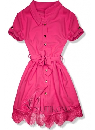 Neónovo ružové šaty s čipkovým lemom