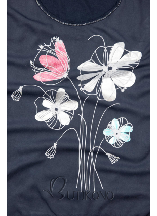 Tmavomodré tričko s potlačou kvetov