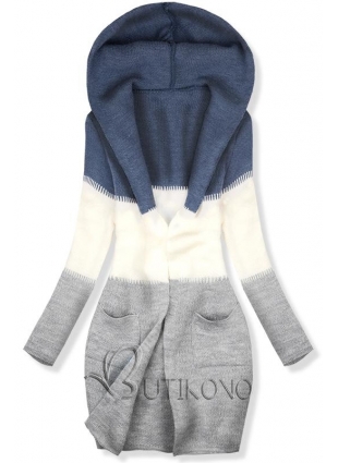 Pletený sveter s kapucňou modrá/biela/sivá