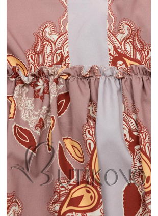 Béžové vzorované šaty s volánovou sukňou