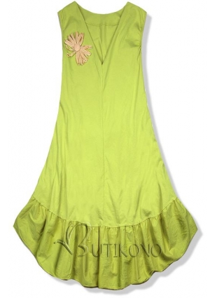 Pistáciovo zelené šaty so slamenou brošňou