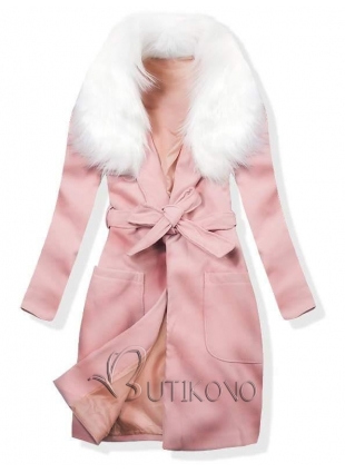Ružový jesenný kabát s kožusinovým lemom