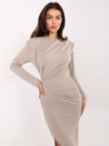 Béžové elegantné midi šaty s dlhým rukávom a riasením