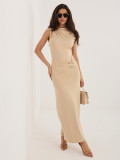 Béžové midi puzdrové šaty bez rukávov