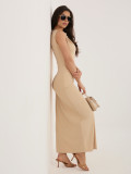 Béžové midi puzdrové šaty bez rukávov