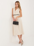 Béžové rozšírené midi šaty s pásikom a golierom