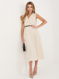 Béžové rozšírené midi šaty s pásikom a golierom
