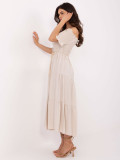Svetlobéžové letné midi šaty s off-shoulder strihom